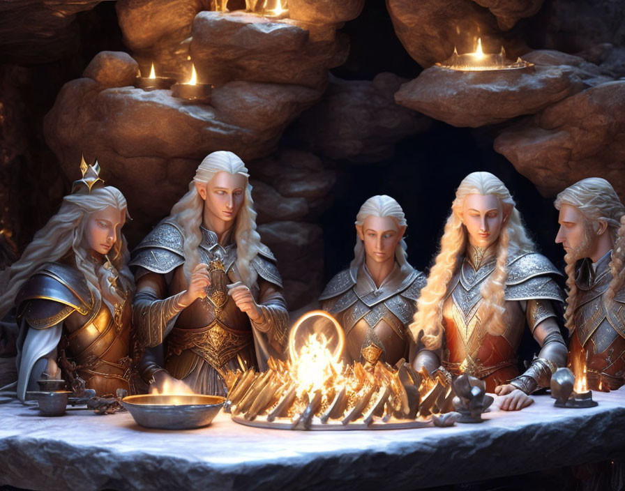 Armored elves with blonde hair around a cave fire with candles and a crown