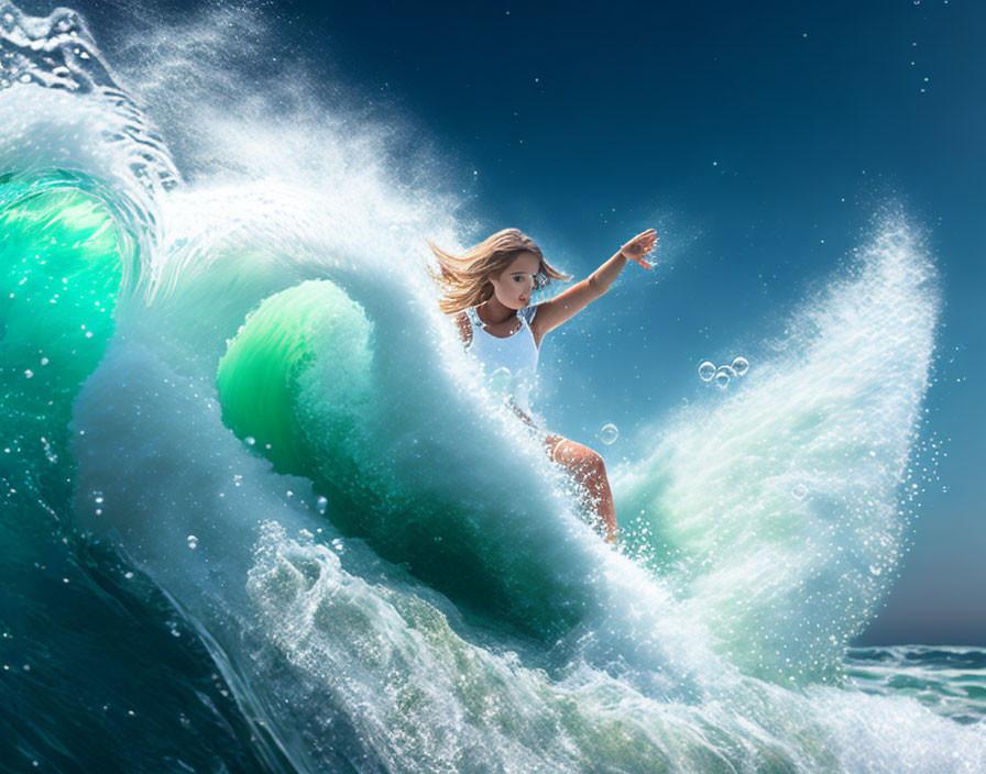 Woman riding a large ocean wave under the sun