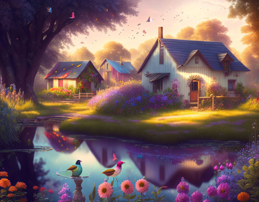 Tranquil Countryside Scene: Cozy Cottages, Lush Gardens, Pond at Dawn