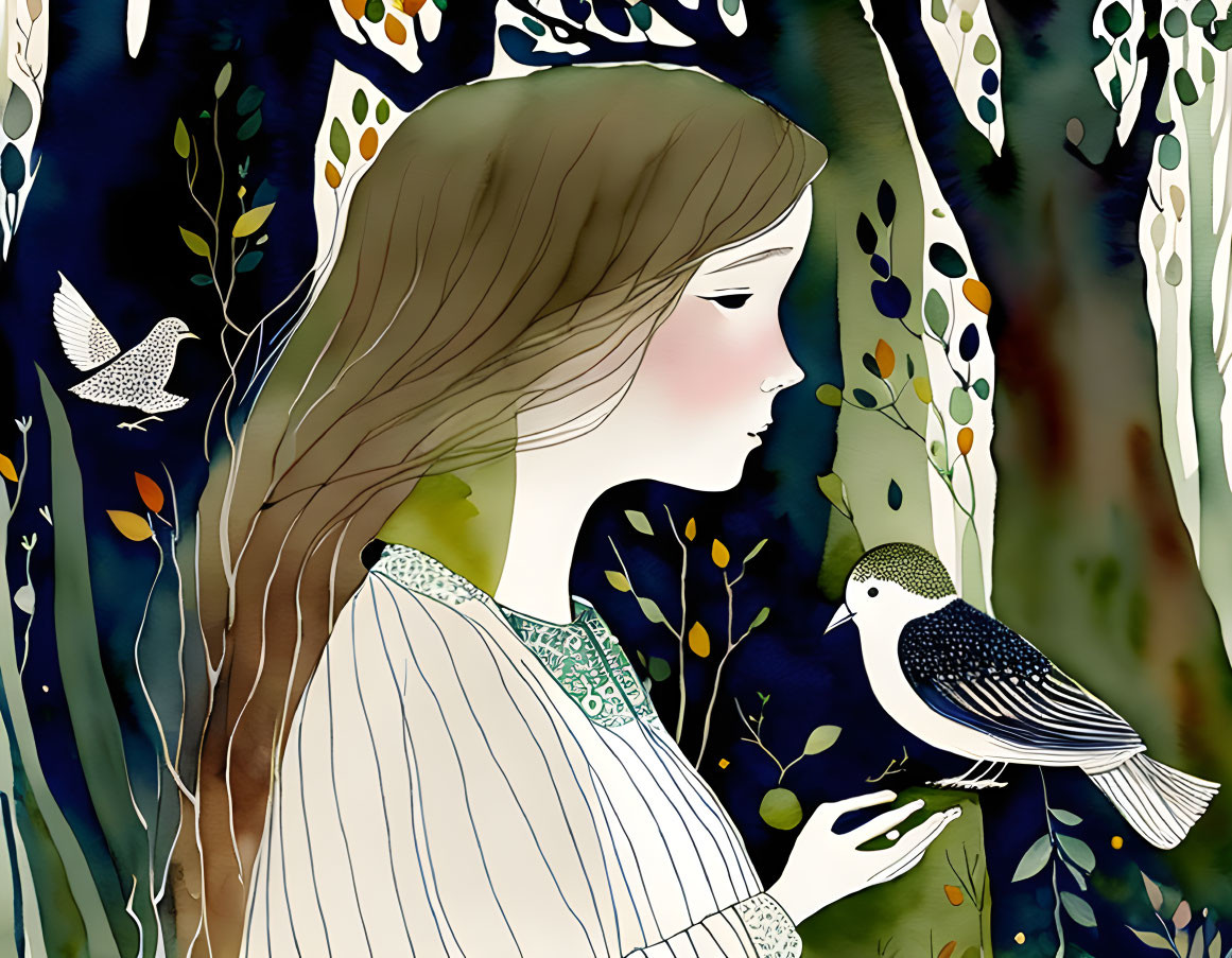 Profile of serene woman holding bird in whimsical forest illustration