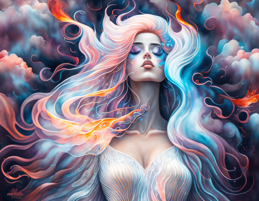 Vibrant portrait of a woman with pink and blue hair in ethereal clouds