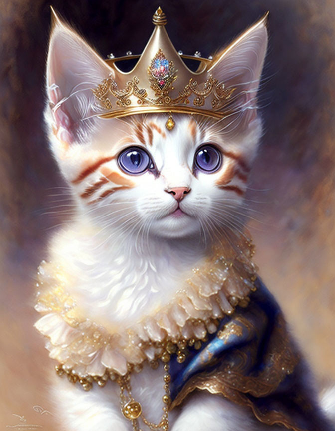 Orange and White Kitten with Blue Eyes Wearing Crown and Cape