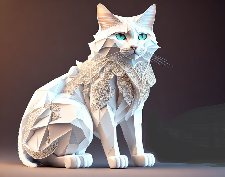 Stylized white cat with intricate patterns and blue eyes on brown background