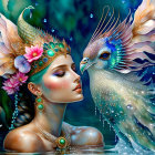 Illustration of woman merging with peacock in lush environment