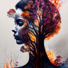Woman's profile with colorful tree hair in surreal artwork