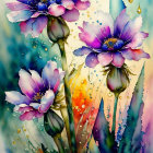 Purple flowers and bees in vibrant watercolor painting