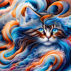 Colorful digital artwork featuring a cat with blue eyes and abstract swirling patterns