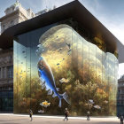 Glass building with fish graphics in city setting.