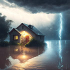 House and Car Submerged in Floodwater During Storm with Lightning