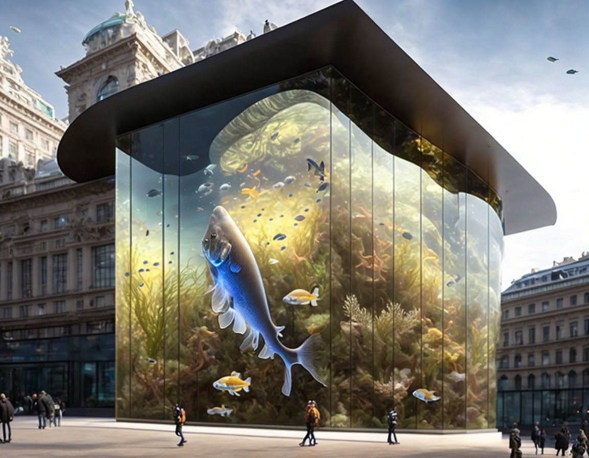 Glass building with fish graphics in city setting.