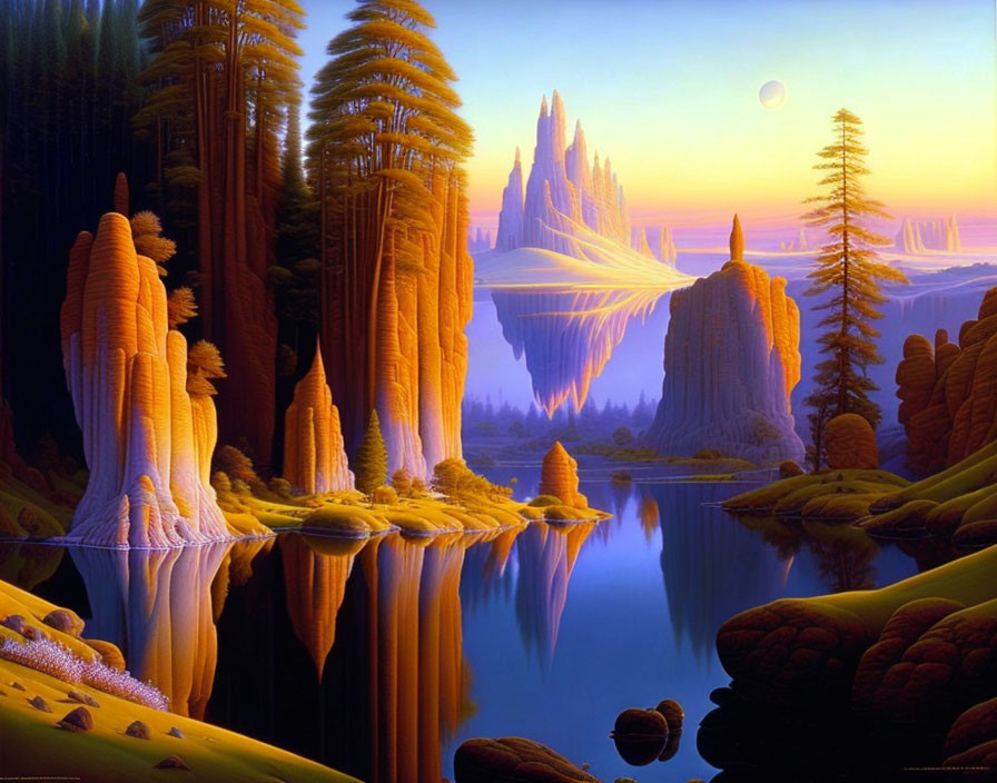 Fantastical landscape with orange trees, reflective water, and floating rock formations at twilight