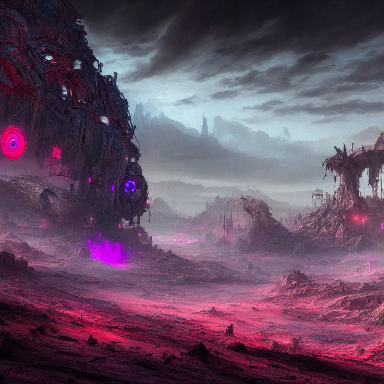 Dystopian landscape with colossal purple-lit structure in rocky terrain