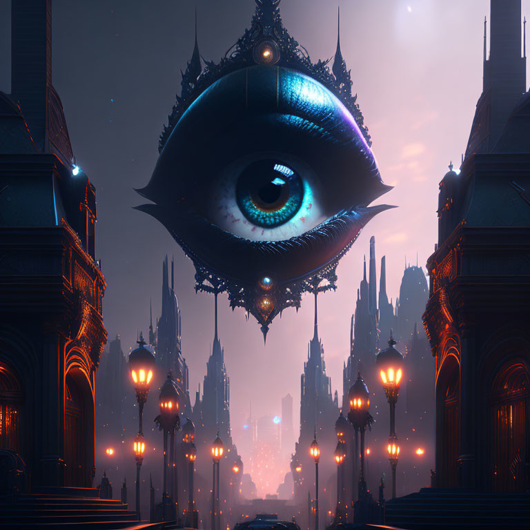 Giant eye-shaped structure over futuristic cityscape at twilight