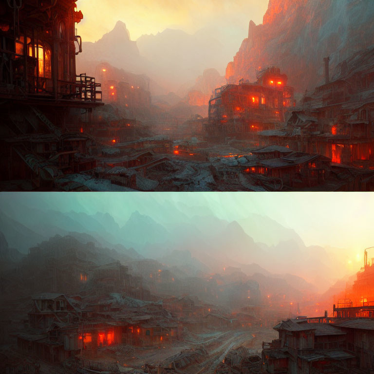 Dystopian industrial landscape with layered settlements under smoggy sky