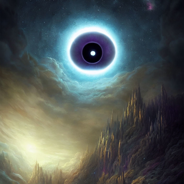 Mystical landscape with jagged mountains and luminous eye-like nebula