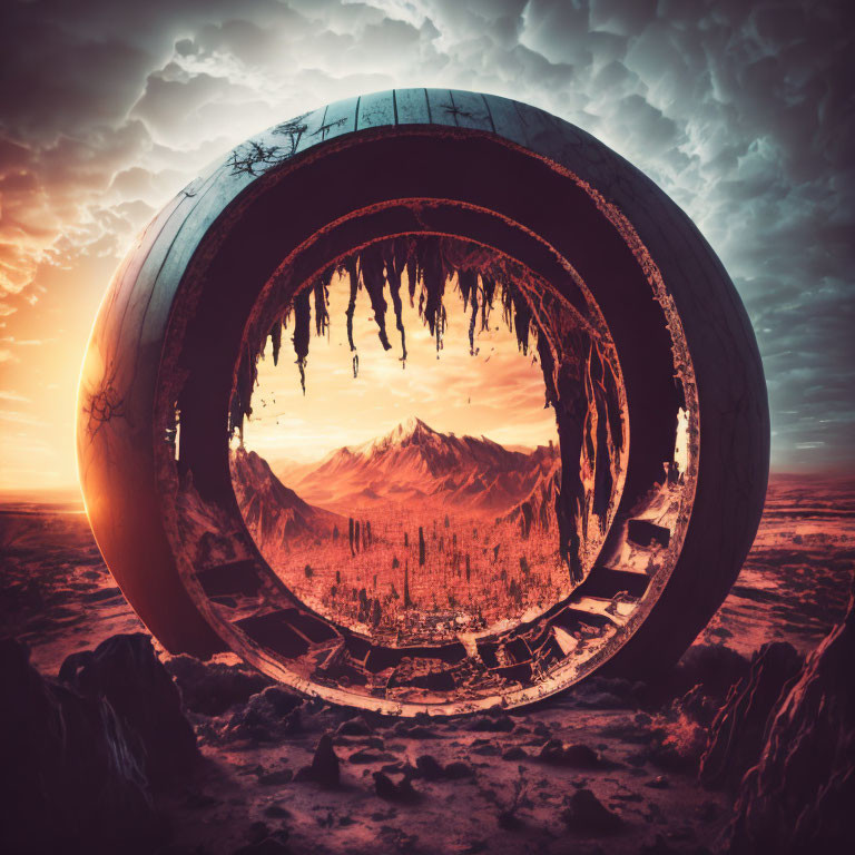 Surreal landscape with colossal circular structure and fiery sky