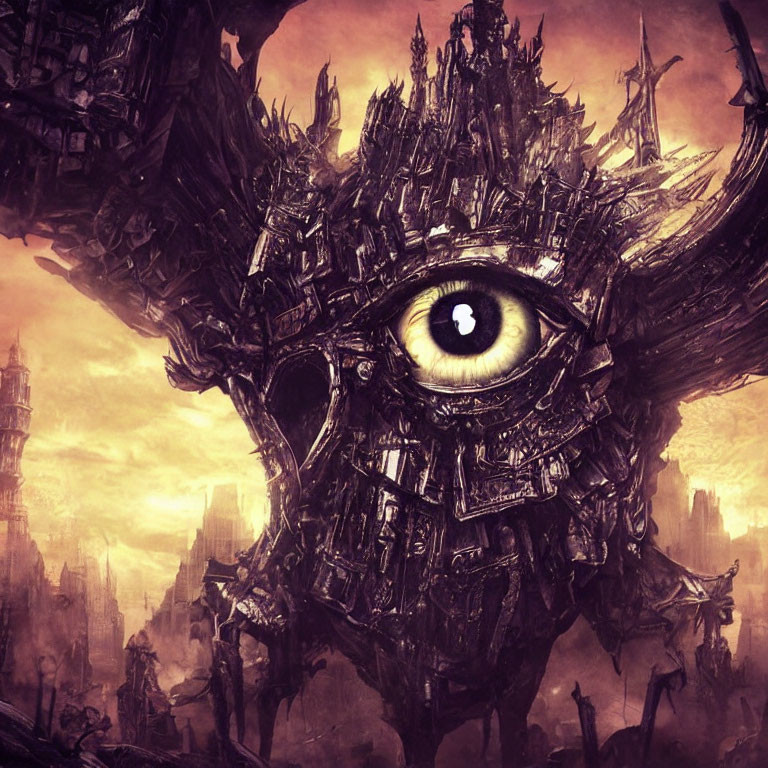 Dystopian artwork of massive skull with singular eye and desolate landscape