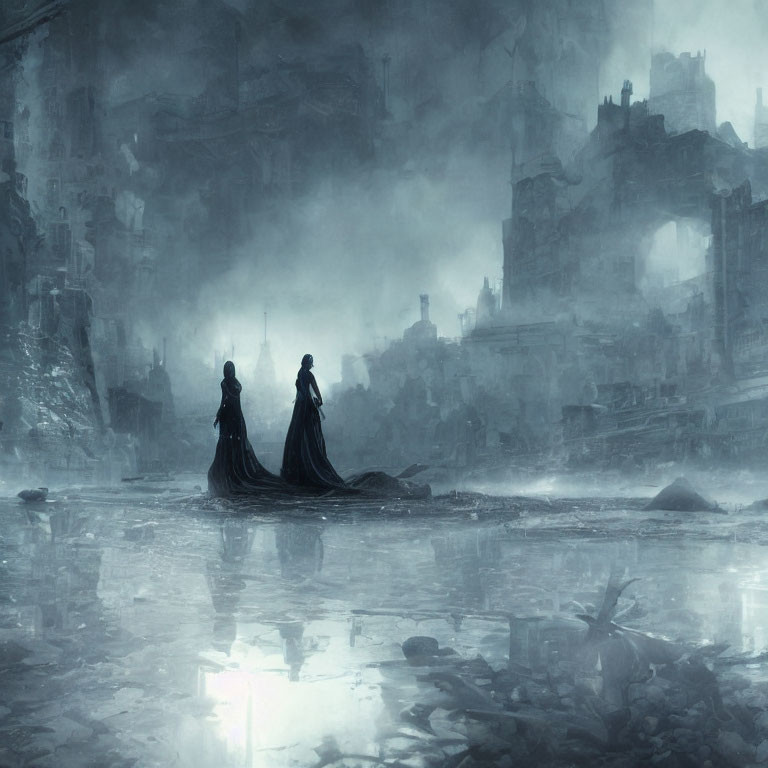 Misty cityscape with cloaked figures in eerie light