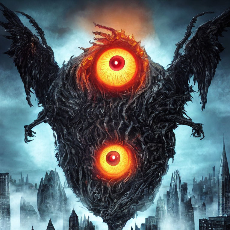 Monstrous creature with glowing red eyes above dark cityscape