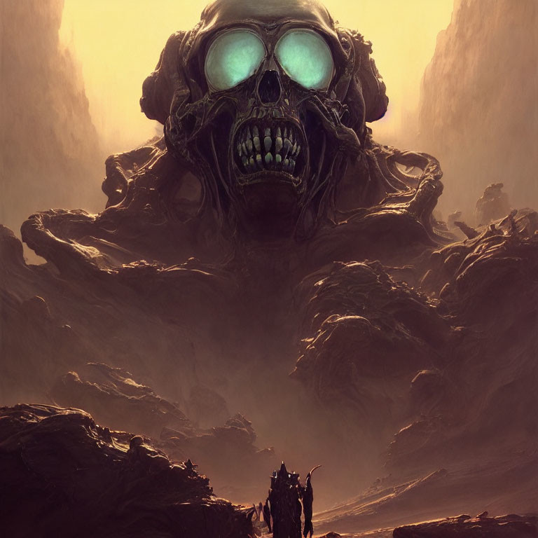 Glowing-eyed skull overlooks figure in shadowy landscape
