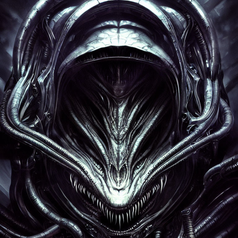 Detailed Xenomorph Illustration with Elongated Skull and Sharp Teeth Against Industrial Piping