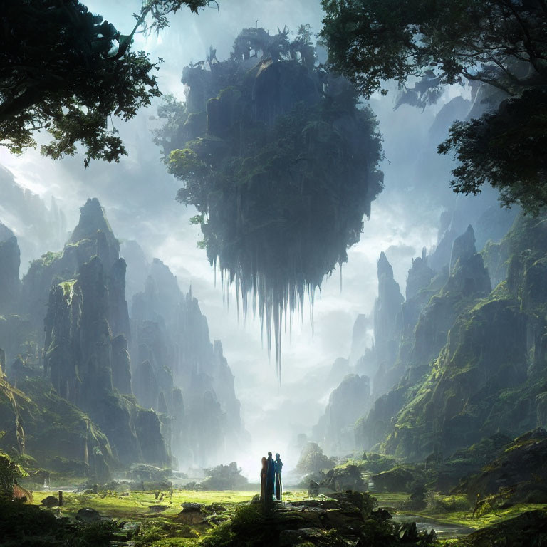 Fantastical landscape with rugged peaks and floating island above two figures.