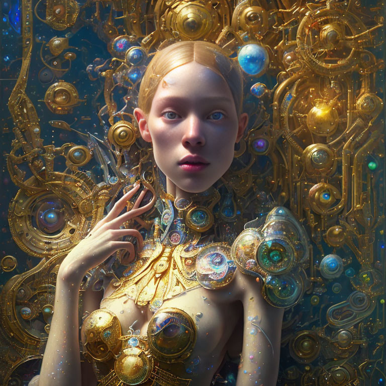 Surreal steampunk-themed person with golden mechanical elements and intricate gears.