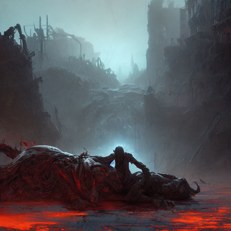 Dystopian landscape with red water, person, and mechanical creature in ruins