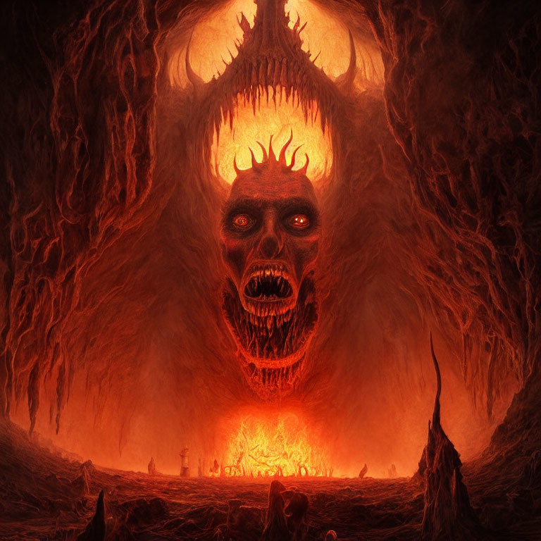 Fantasy landscape with demonic face, small figure, and fiery blaze in cavernous setting.