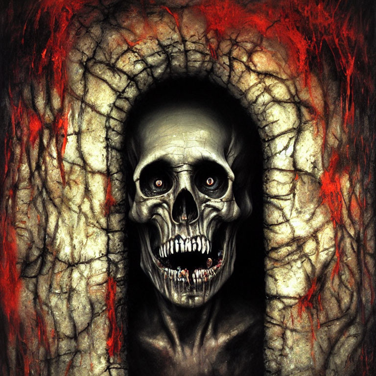 Menacing skull on fiery textured background.