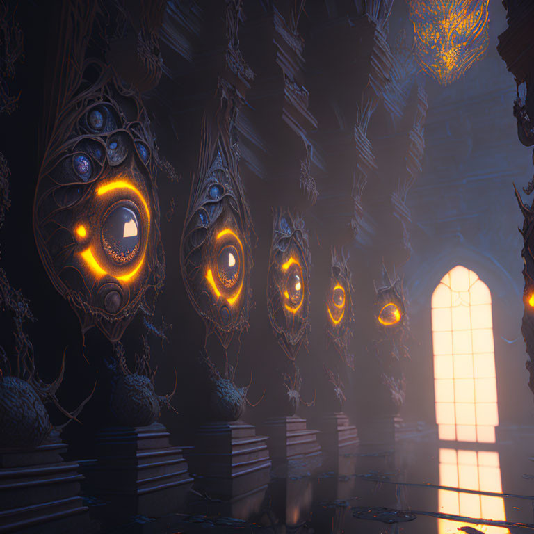 Dark Gothic Chamber with Ornate Alien-like Masks Hanging