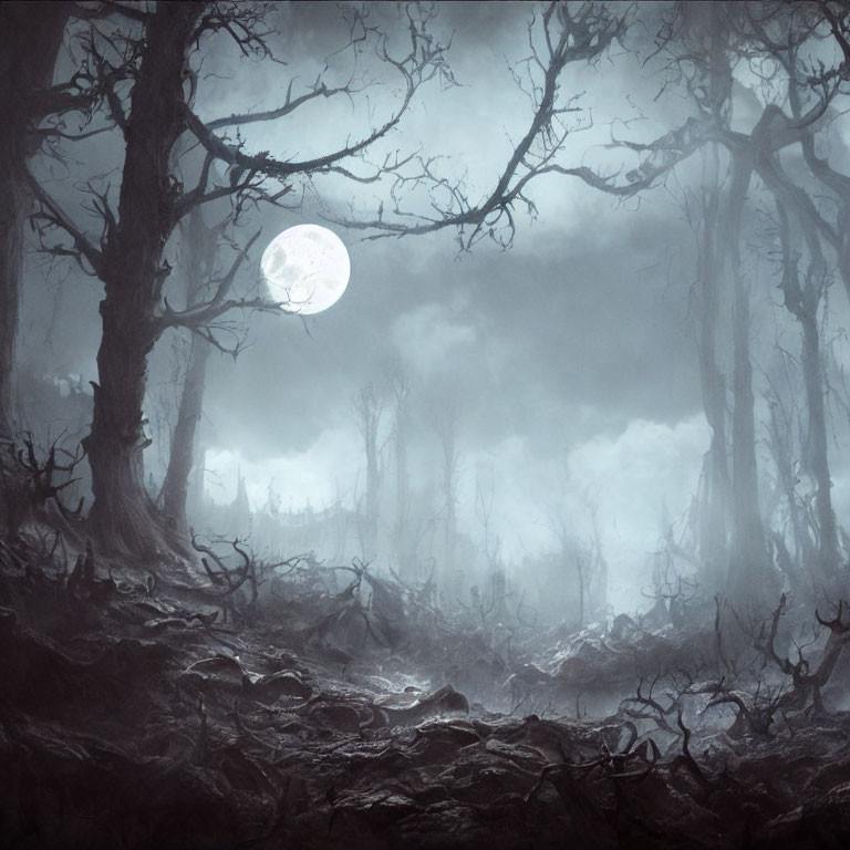 Dark forest scene with twisted trees and full moon in foggy night