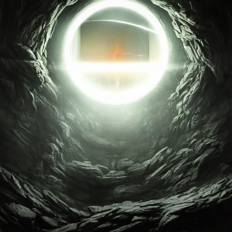 Glowing circular portal in cavernous tunnel with ominous silhouette