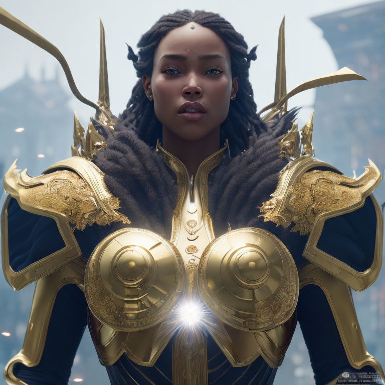 Female character in braided hair and golden armor standing confidently.