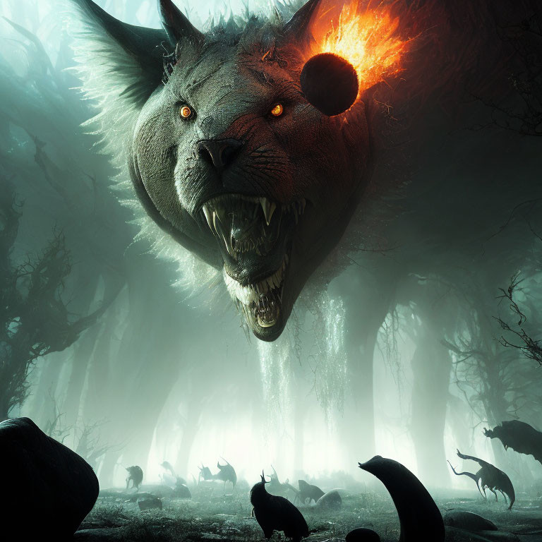 Giant wolf with fiery mane in misty forest