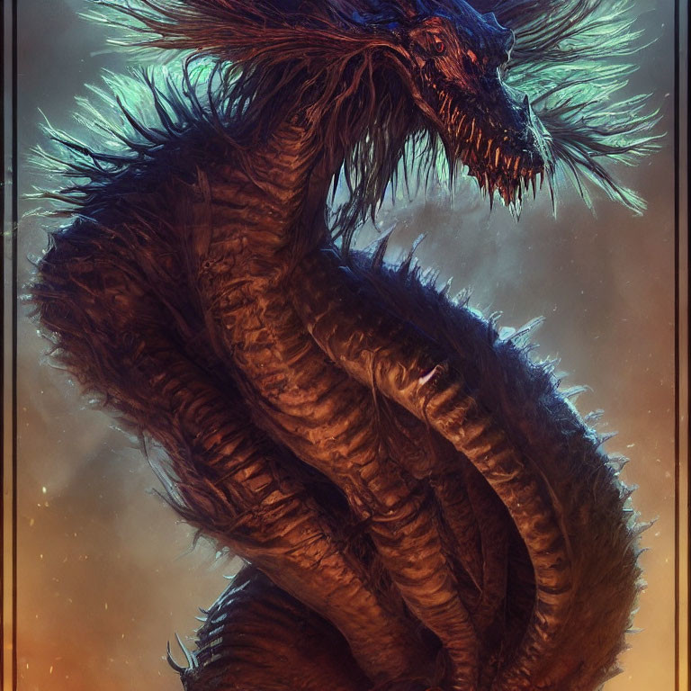 Majestic blue-feathered dragon with sharp horns and red eyes