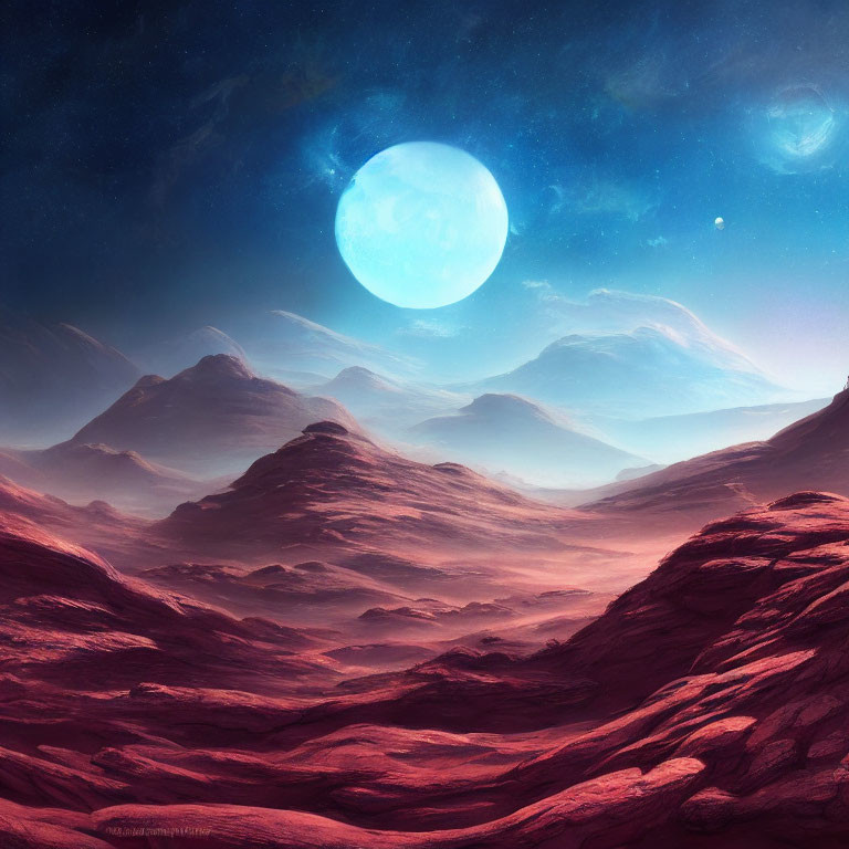 Alien landscape with red hills, blue moon, and starry sky