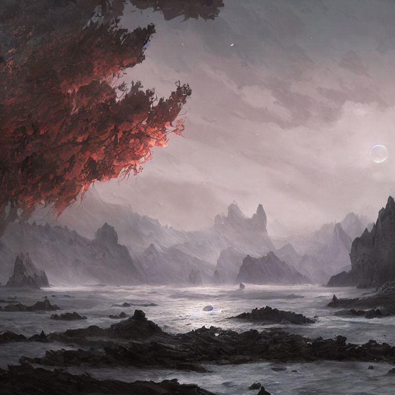 Majestic landscape: crimson tree, rugged mountains, tranquil sea, two moons