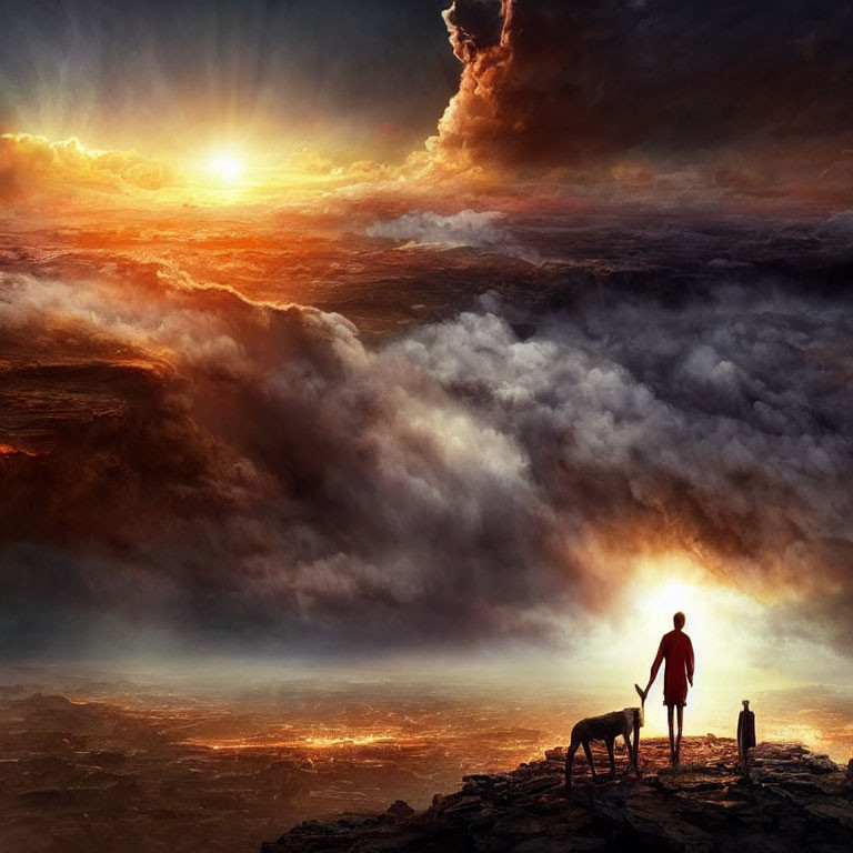 Person and Dog on Rocky Outcrop Under Dramatic Sky