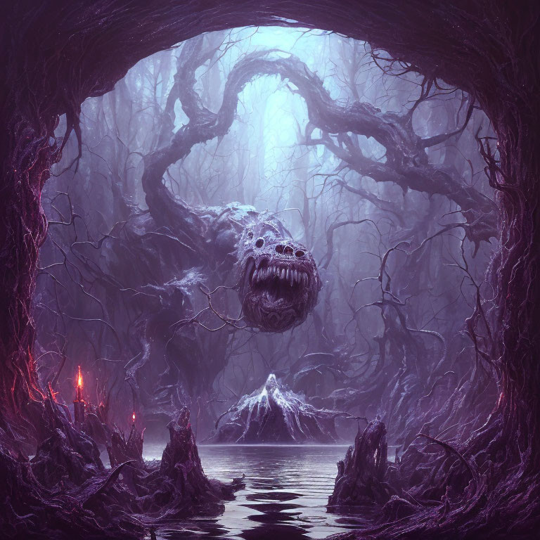 Eerie cavern with purple lighting, twisted trees, and floating skull above island