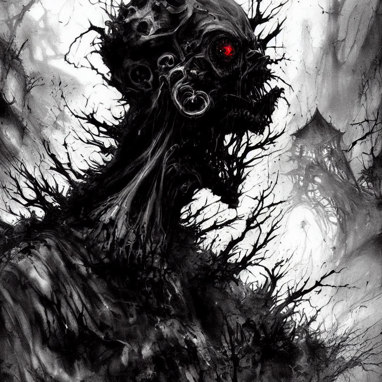 Menacing creature with tree-like features in dark forest setting