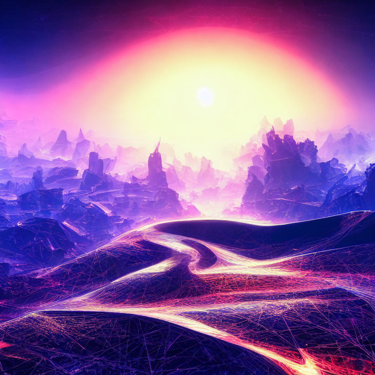 Colorful alien landscape: glowing neon lines, jagged rocks, pink & purple sunset