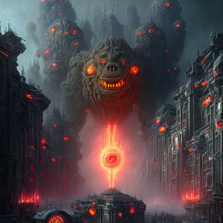 Gothic dystopian cityscape with floating orbs and giant glowing creature