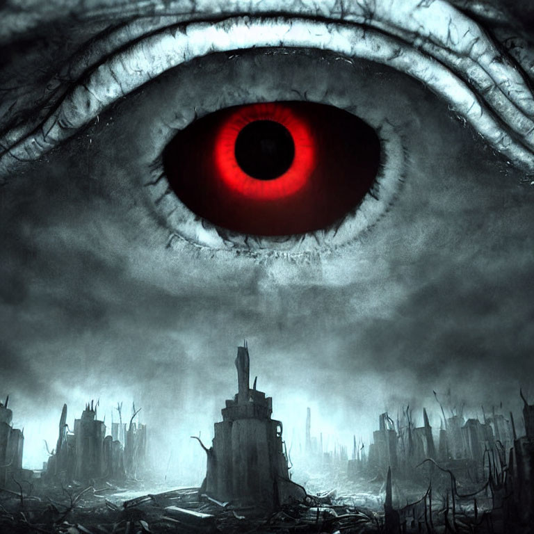 Ominous red eye in post-apocalyptic cityscape