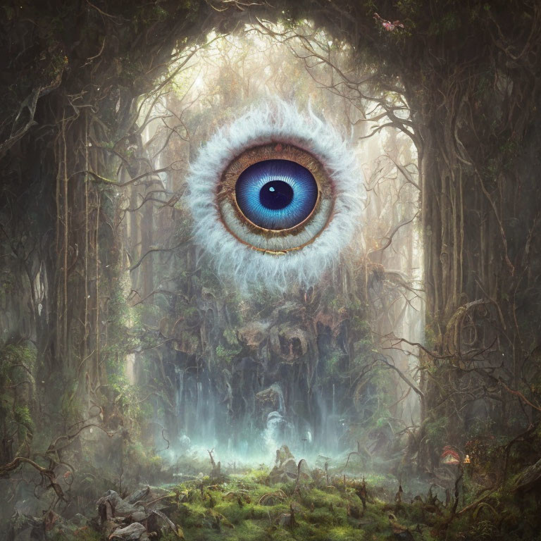 Realistic giant eye in mystical forest with sunlight filtering through trees