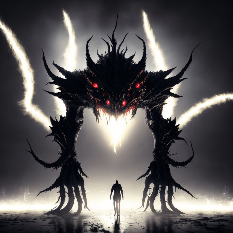 Giant ominous creature with glowing red eyes and spiky tendrils in stormy landscape