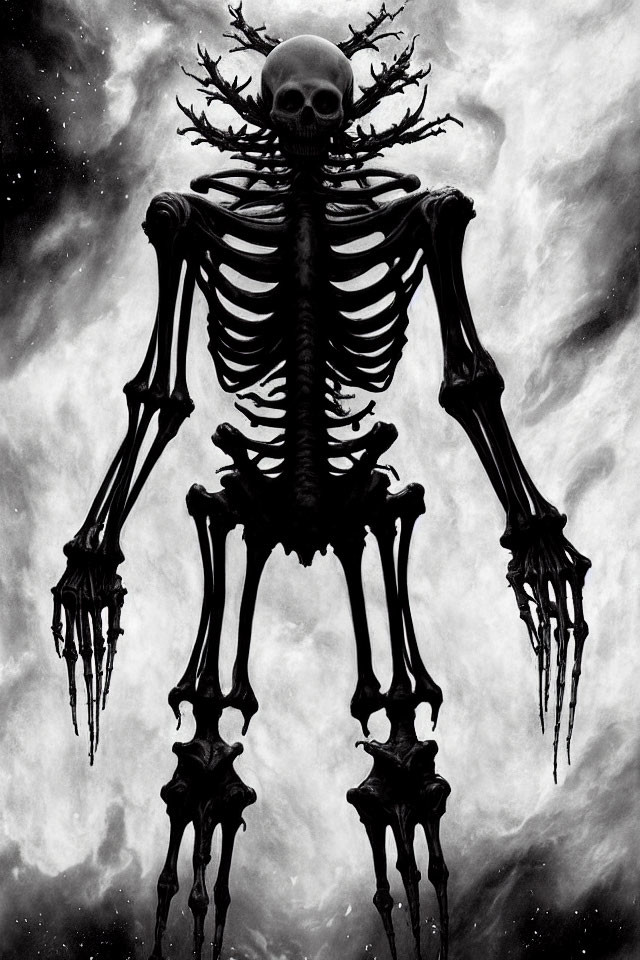 Monochrome image of menacing skeleton with oversized skull