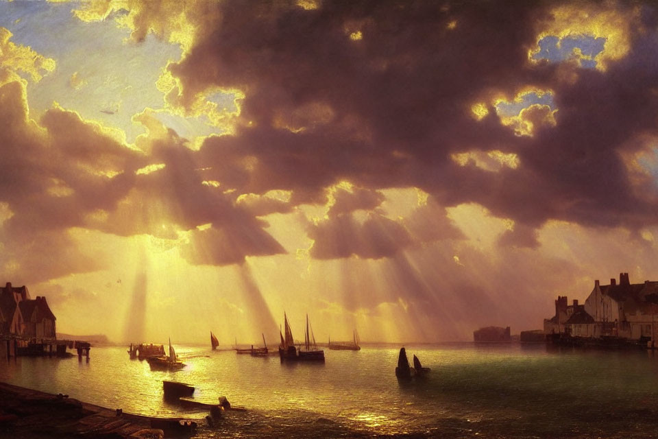 Tranquil harbor scene at sunrise or sunset with sunlight piercing through dramatic clouds.