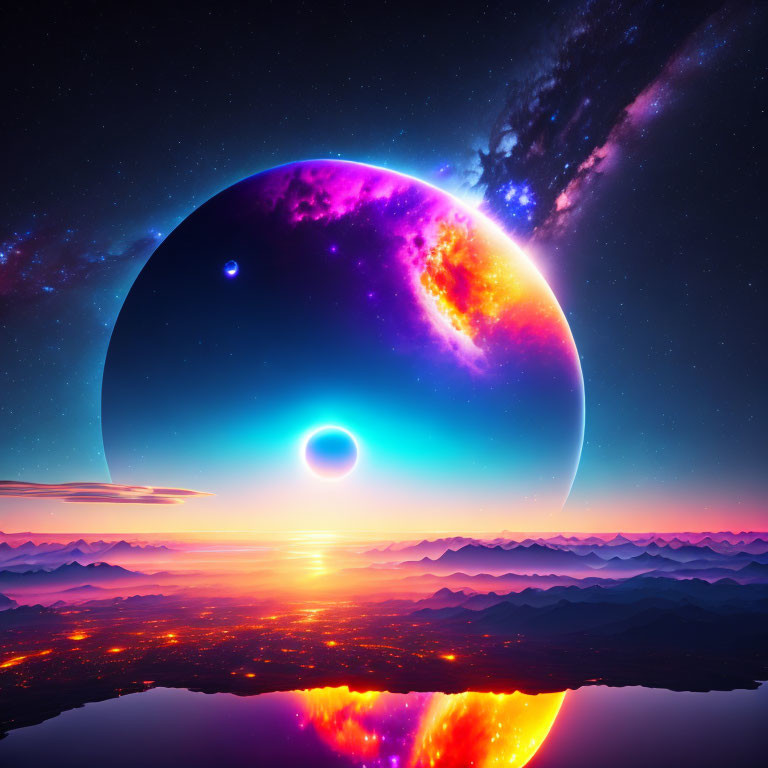 Colorful Sci-Fi Landscape with Planet, Moon, and Starry Sky