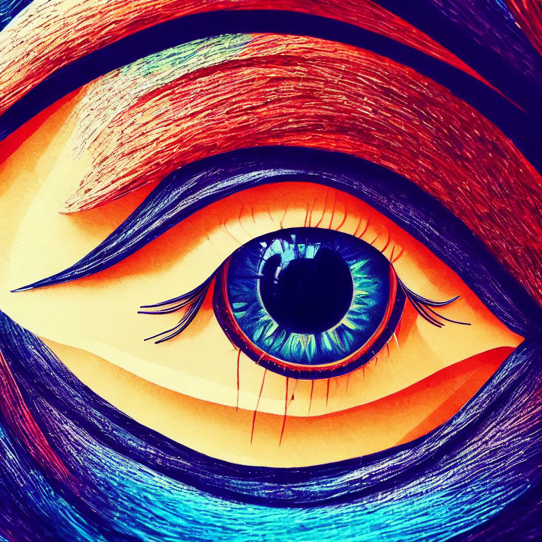 Colorful stylized human eye illustration with exaggerated eyelashes